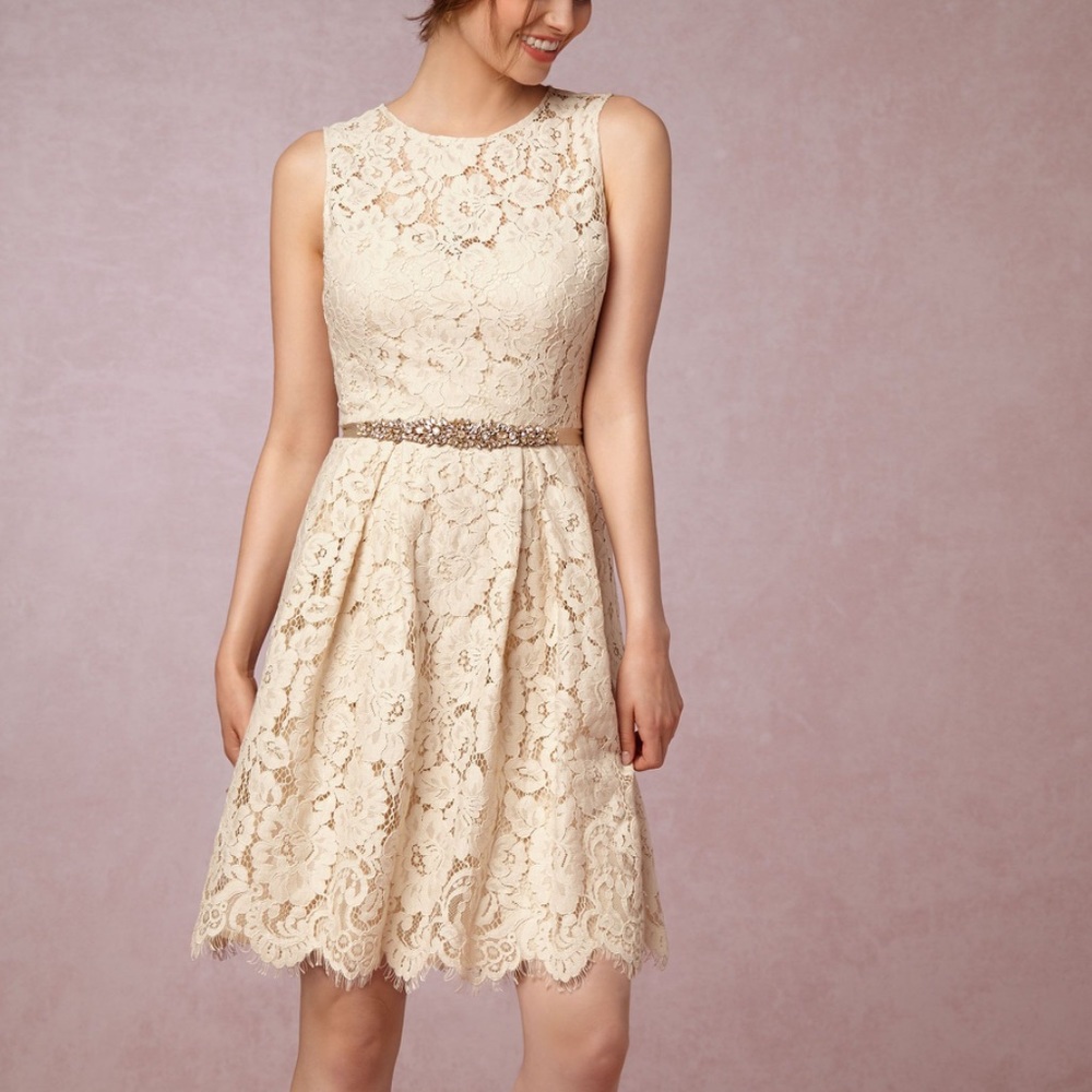 Champagne colored (off-white) bridal lace pleated midi dress BHLDN